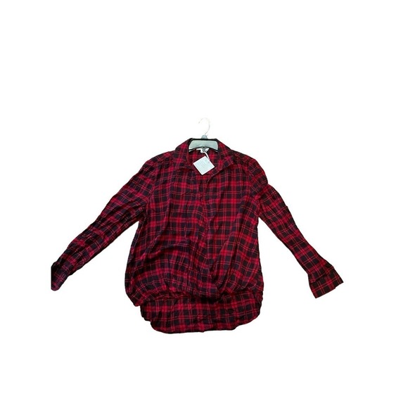 Beach Lunch Lounge Shirt Women's Large Red Plaid 100% Pleated Button-Up - Picture 1 of 4